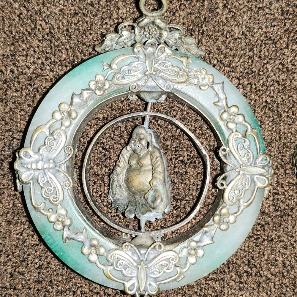 Vintage Chinese Hardstone & Filigree Metal Amulet Pendant